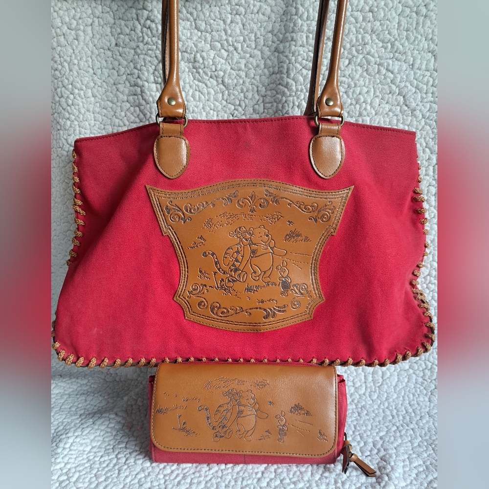 Vintage Winnie the Pooh and Friends Red Shoulder Bag with Clutch Wallet Set